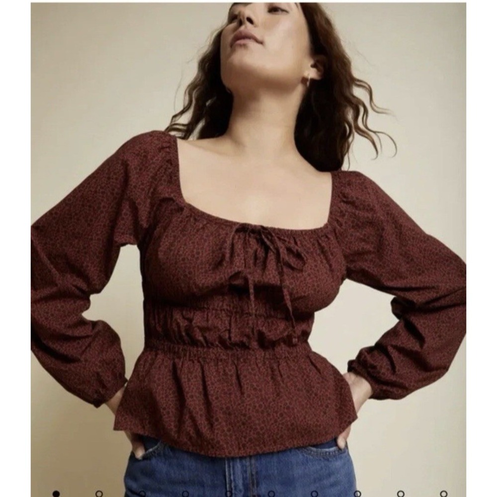 Nation LTD Gianna Blouse Womens Medium Burgundy Smocked Peplum Milkmaid Cottage